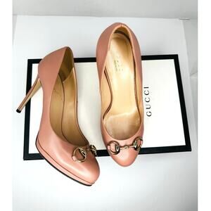 Gucci Malaga Kid Leather Horsebit Pumps Carmine Rose Pink Heels Size EU 37.5